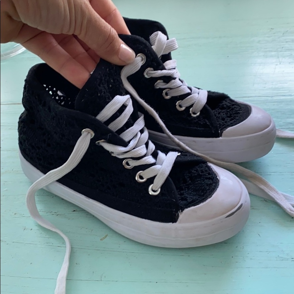 Black crochet high top sneakers
